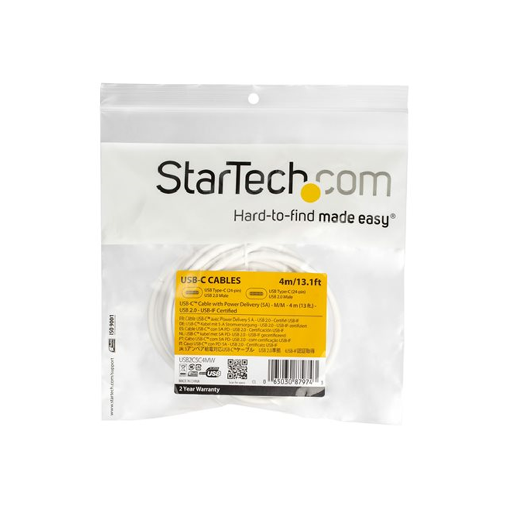 StarTech.com 4m USB-C naar USB-C kabel met 5A/100W PD - M/M - wit - USB 2.0 - USB-IF gecertificeerd - USB C oplaadkabel
